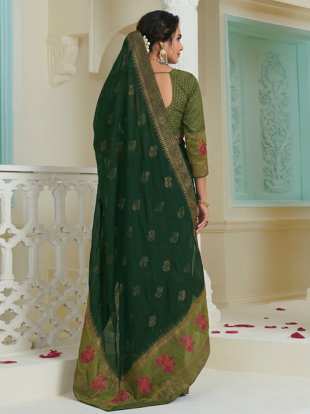 Green Partywear Embroidered Chiffon Saree - Image 1