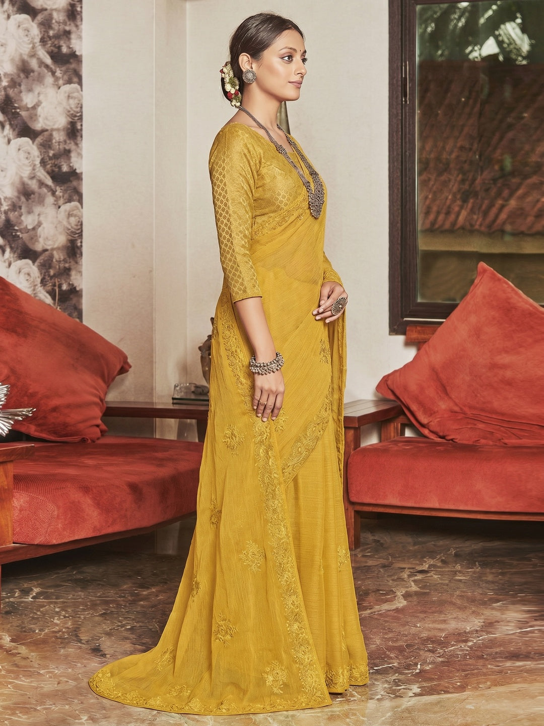Yellow Partywear Embroidered Chiffon Saree - Image 2