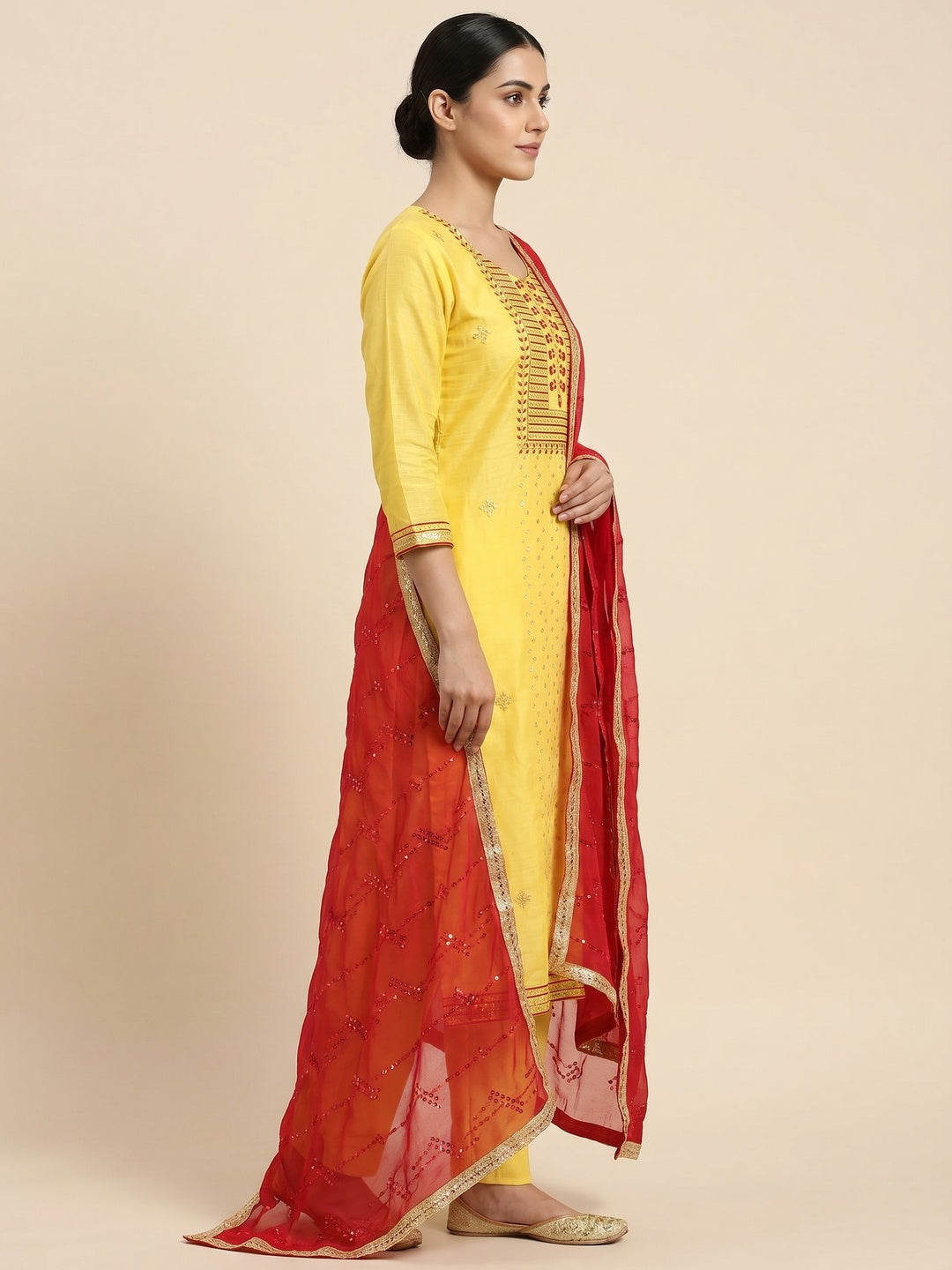 Yellow Festive Wear Sequins Embroidered Cotton Dress Material - Image 3