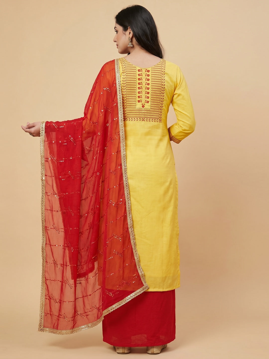 Yellow Festive Wear Sequins Embroidered Cotton Dress Material - Image 2