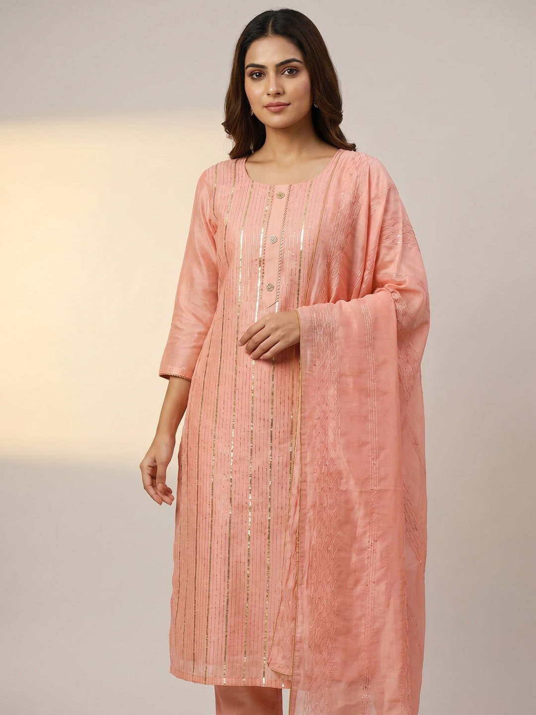 Peach Festive Wear Sequins Embroidered Modal Dress Material - Image 1