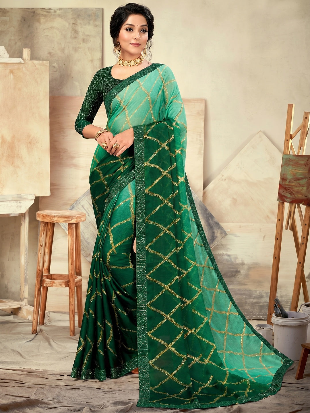 Green Casual Wear Printed Moss Chiffon Saree - Image 3