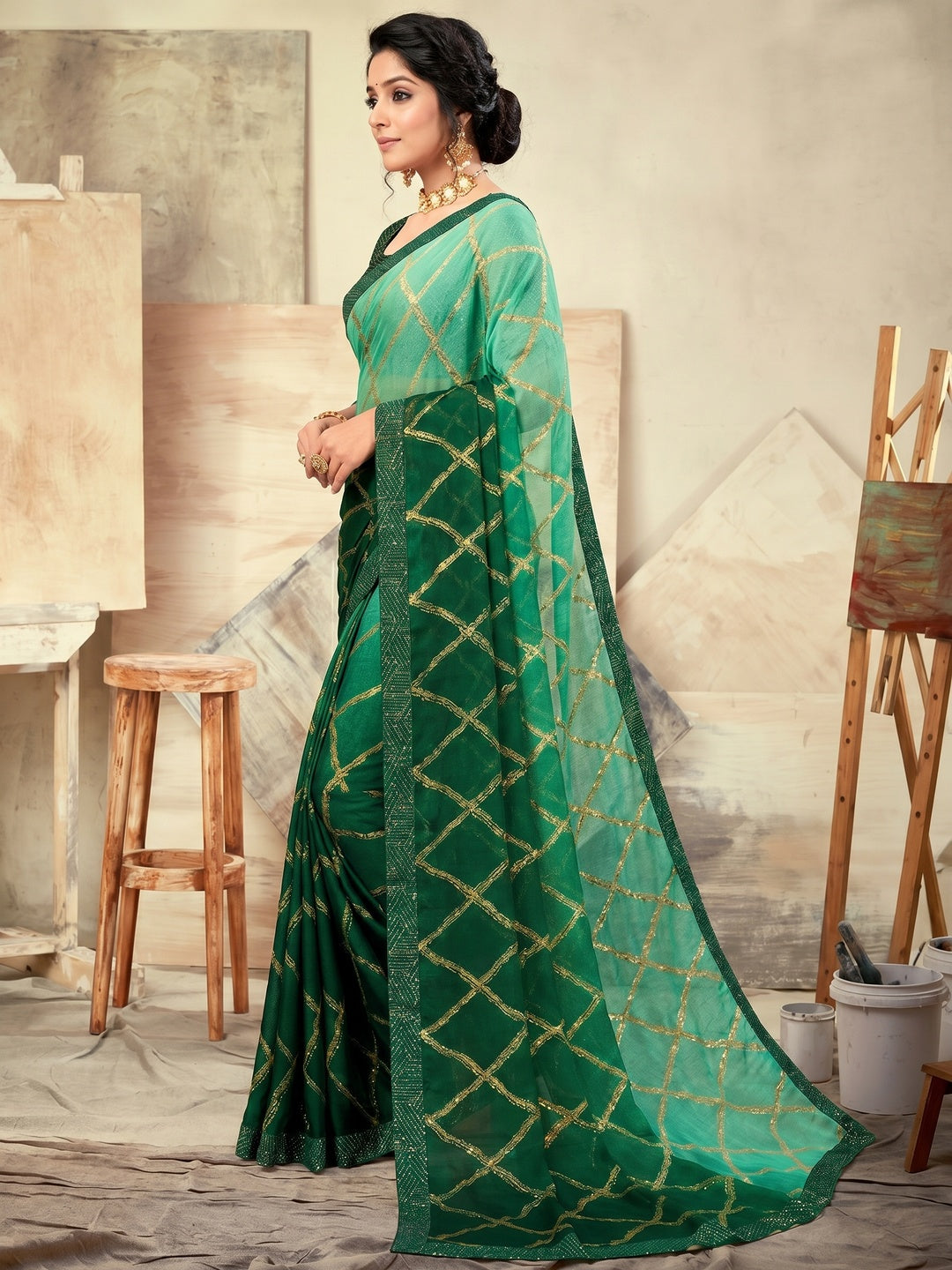 Green Casual Wear Printed Moss Chiffon Saree - Image 1