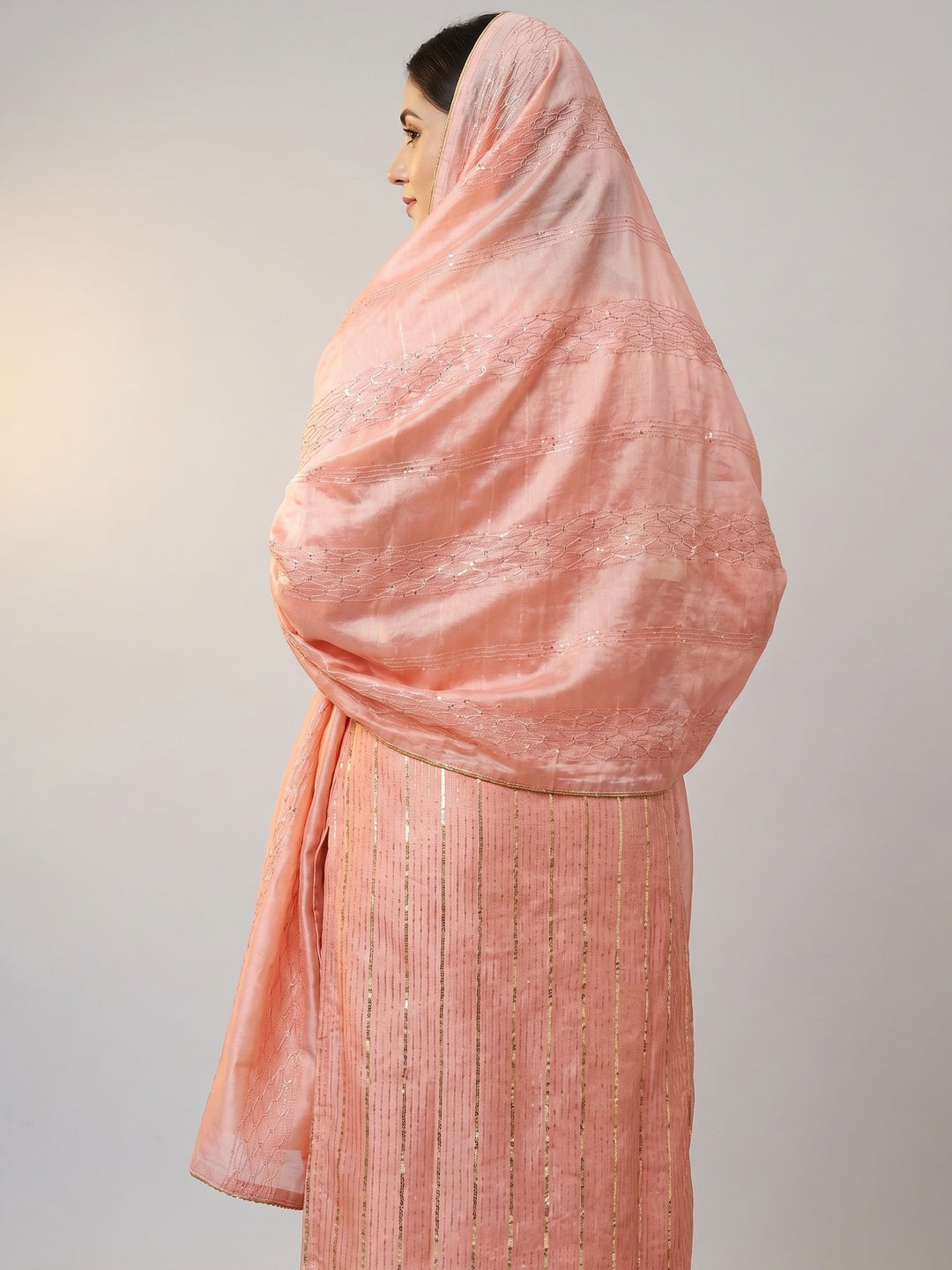 Peach Festive Wear Sequins Embroidered Modal Dress Material - Image 3