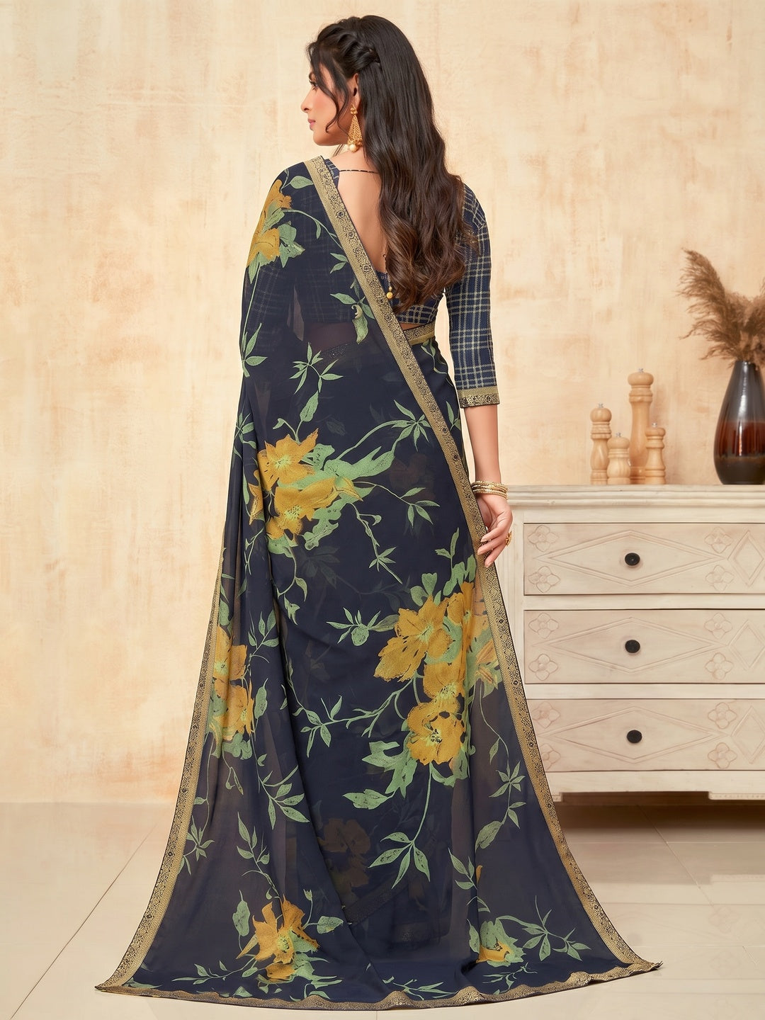 Blue Casual Wear Printed Silk Georgette Saree - Image 1