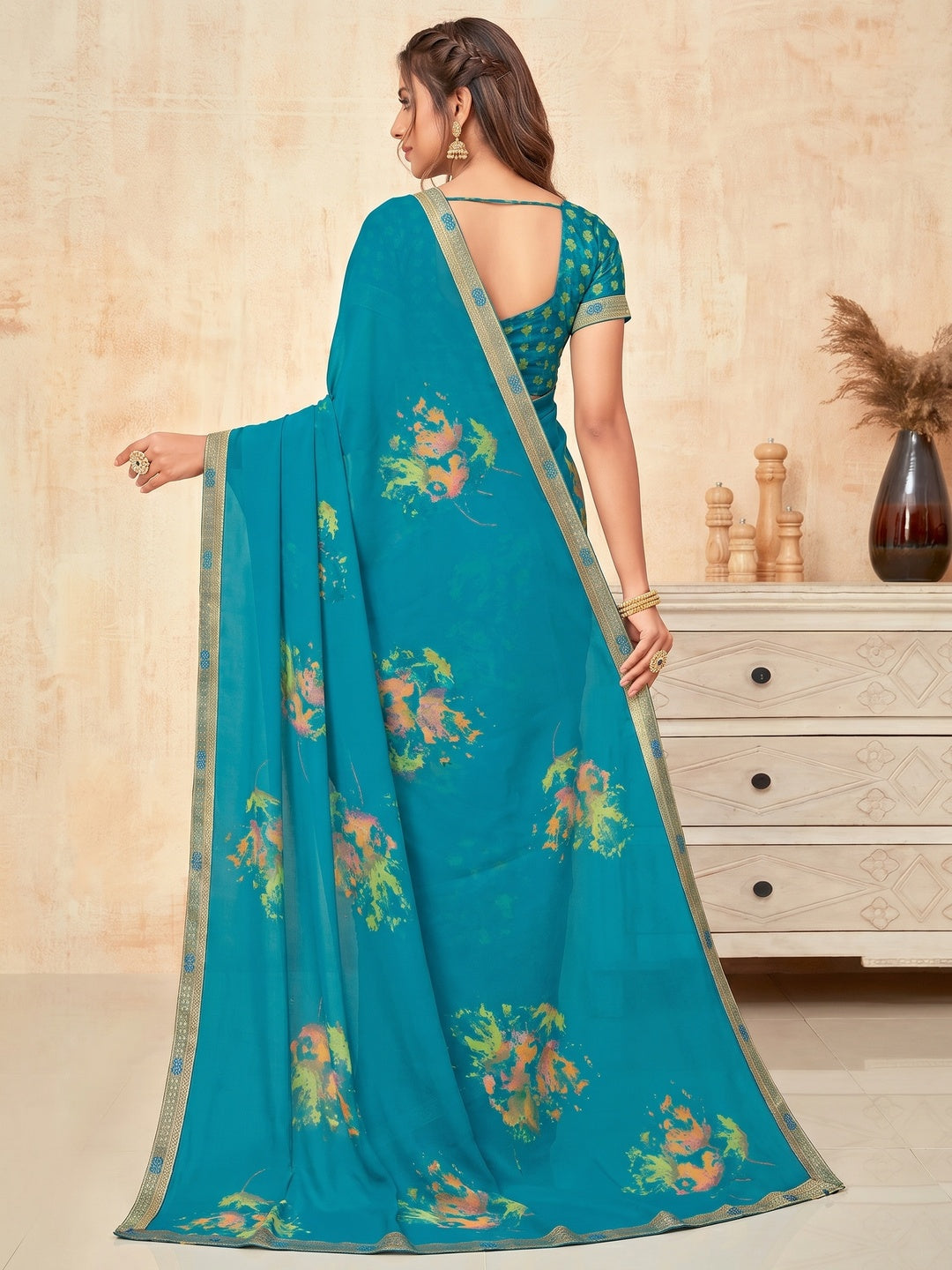 Sky Blue Casual Wear Printed Silk Georgette Saree - Image 1