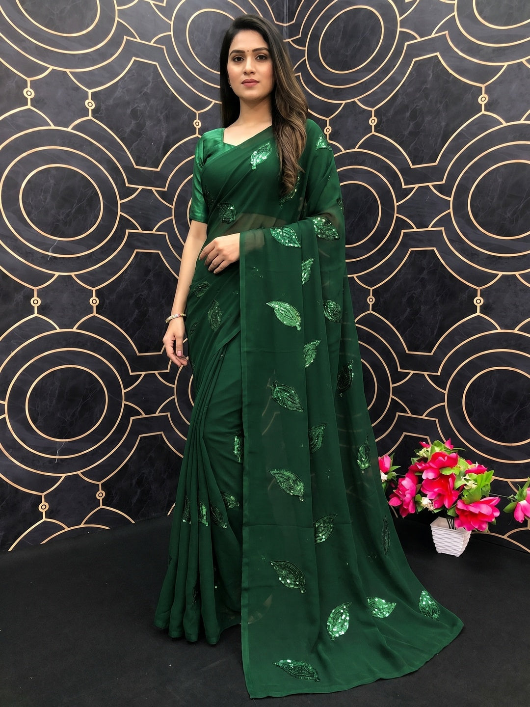 Green Partywear Leaf Sequins Georgette Saree - Image 1