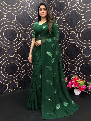 Green Partywear Leaf Sequins Georgette Saree - Image 1