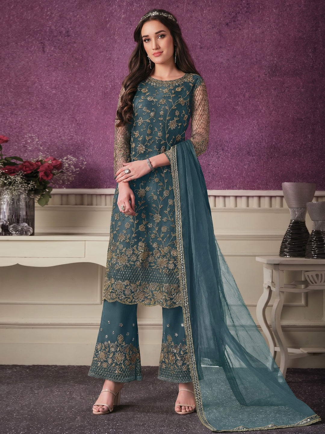 Grey Partywear Embroidered Soft Net Suit - Image 1