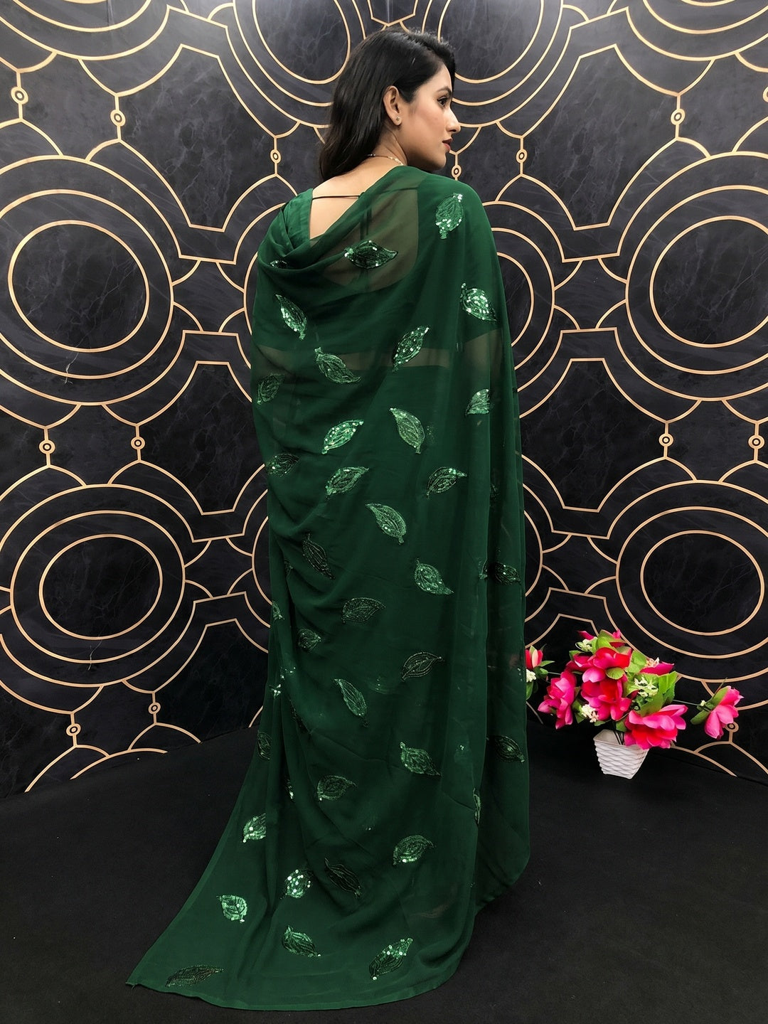 Green Partywear Leaf Sequins Georgette Saree - Image 3