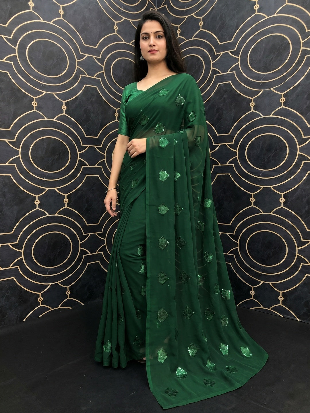 Green Partywear Diamond Sequins Georgette Saree - Image 3