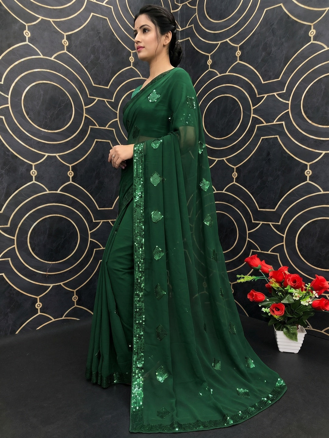Green Partywear Diamond Sequins Georgette Saree - Image 1