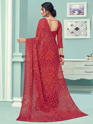Red Casual Wear Printed Chiffon Bandhani Saree - Image 1
