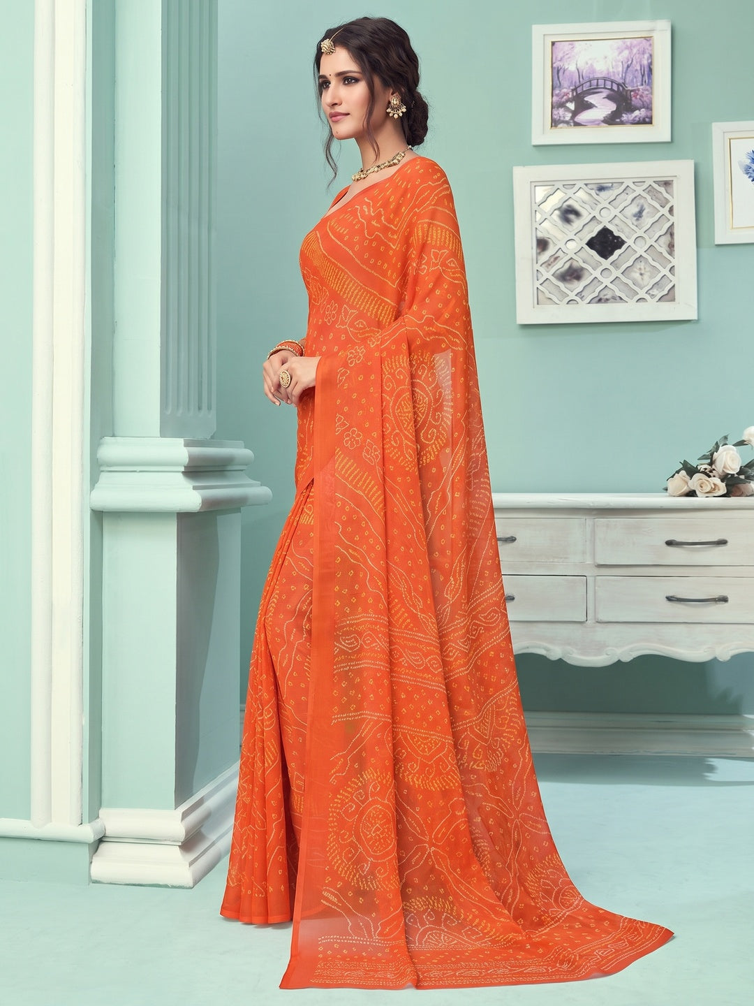 Orange Casual Wear Printed Chiffon Bandhani Saree - Image 3