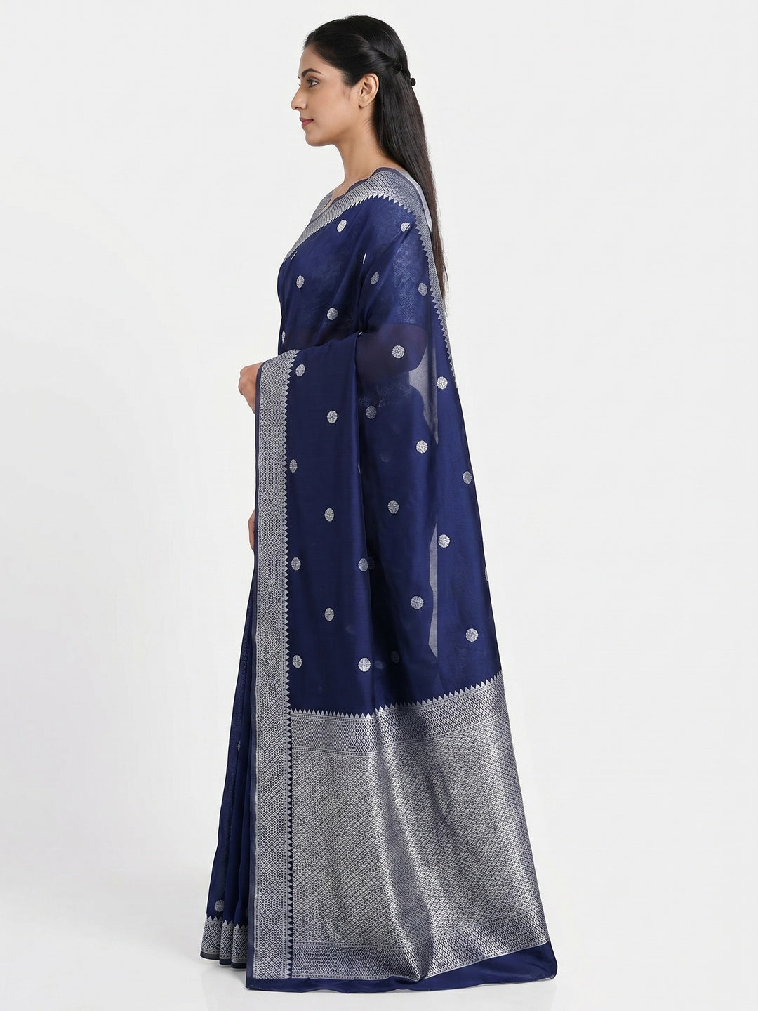 Navy Blue Festive Wear Zari Woven Soft Silk Saree - Image 2