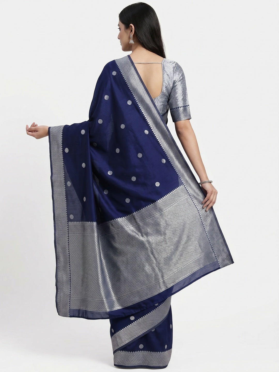 Navy Blue Festive Wear Zari Woven Soft Silk Saree - Image 3