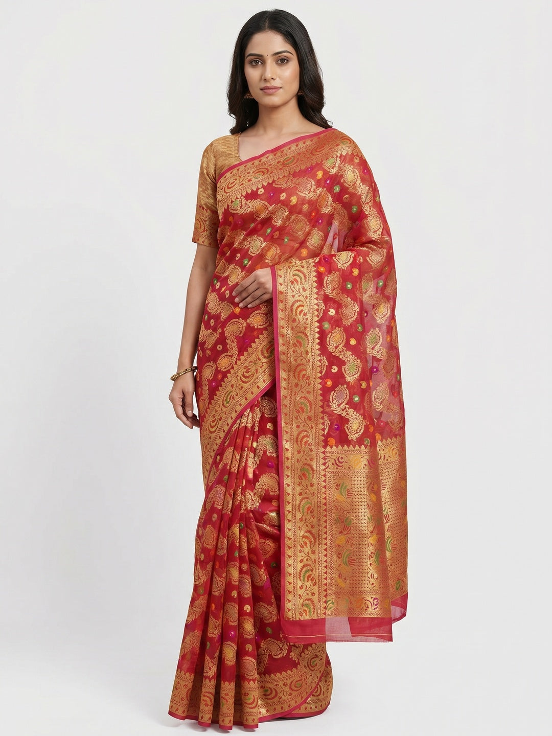Red Festive Wear Woven Organza Saree - Image 1