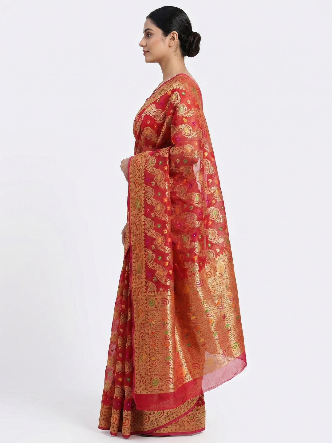 Red Festive Wear Woven Organza Saree - Image 2