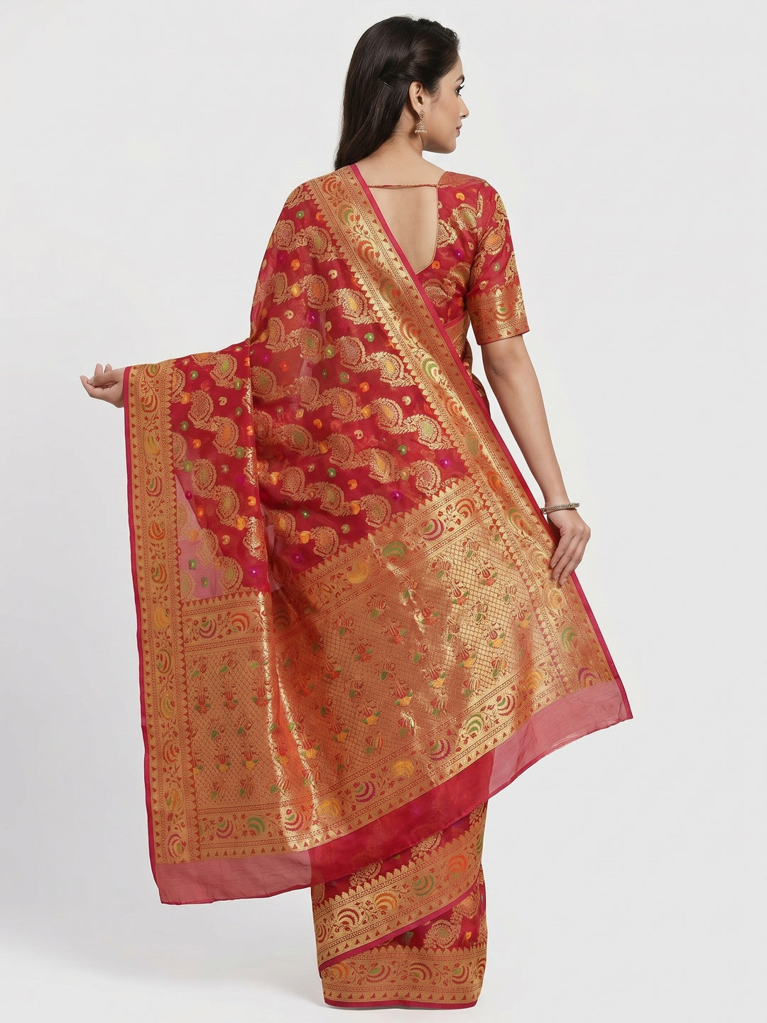 Red Festive Wear Woven Organza Saree - Image 3