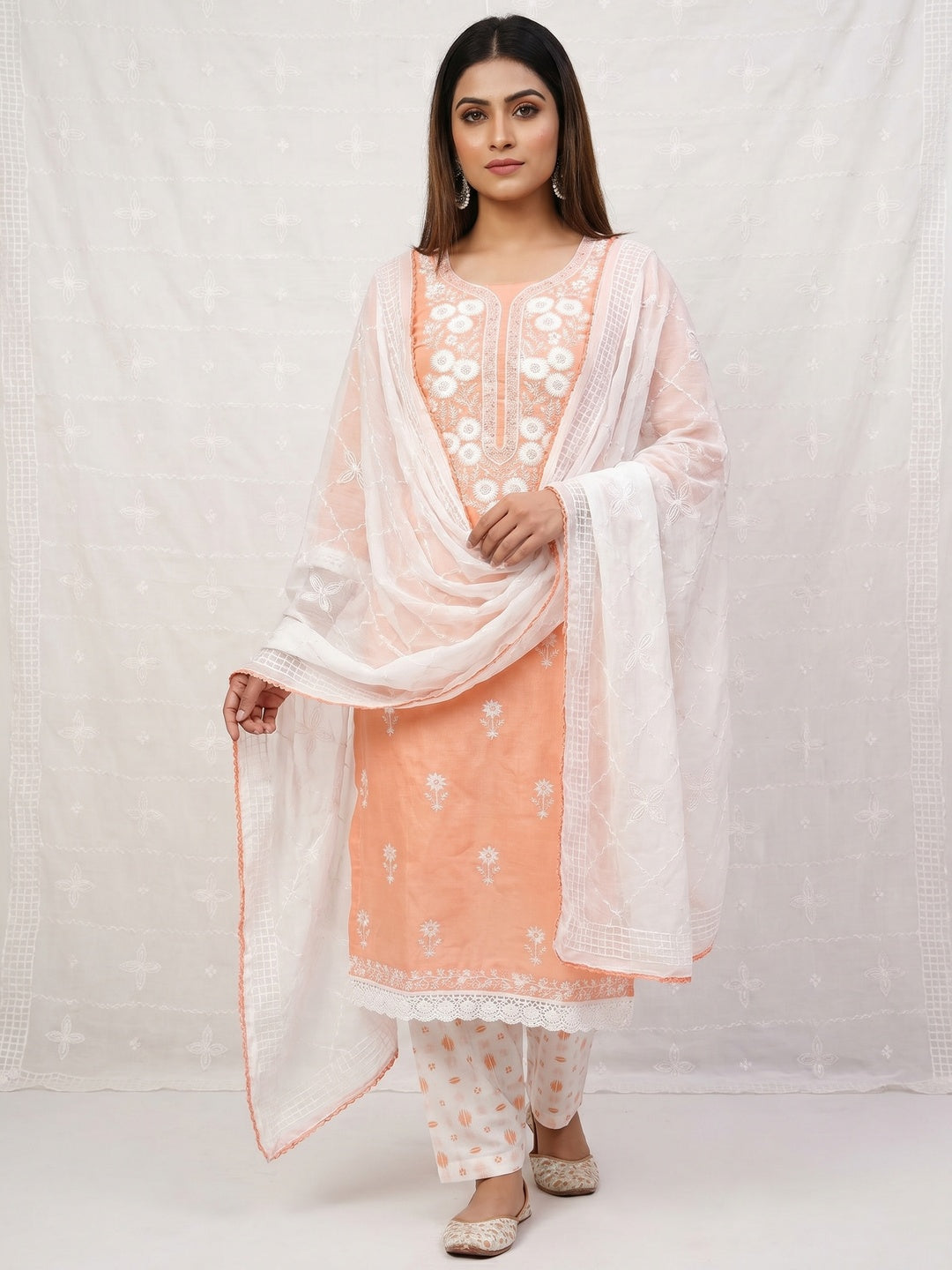 Peach Casual Wear Floral Embroidered With Print Cotton Dress Material - Image 1