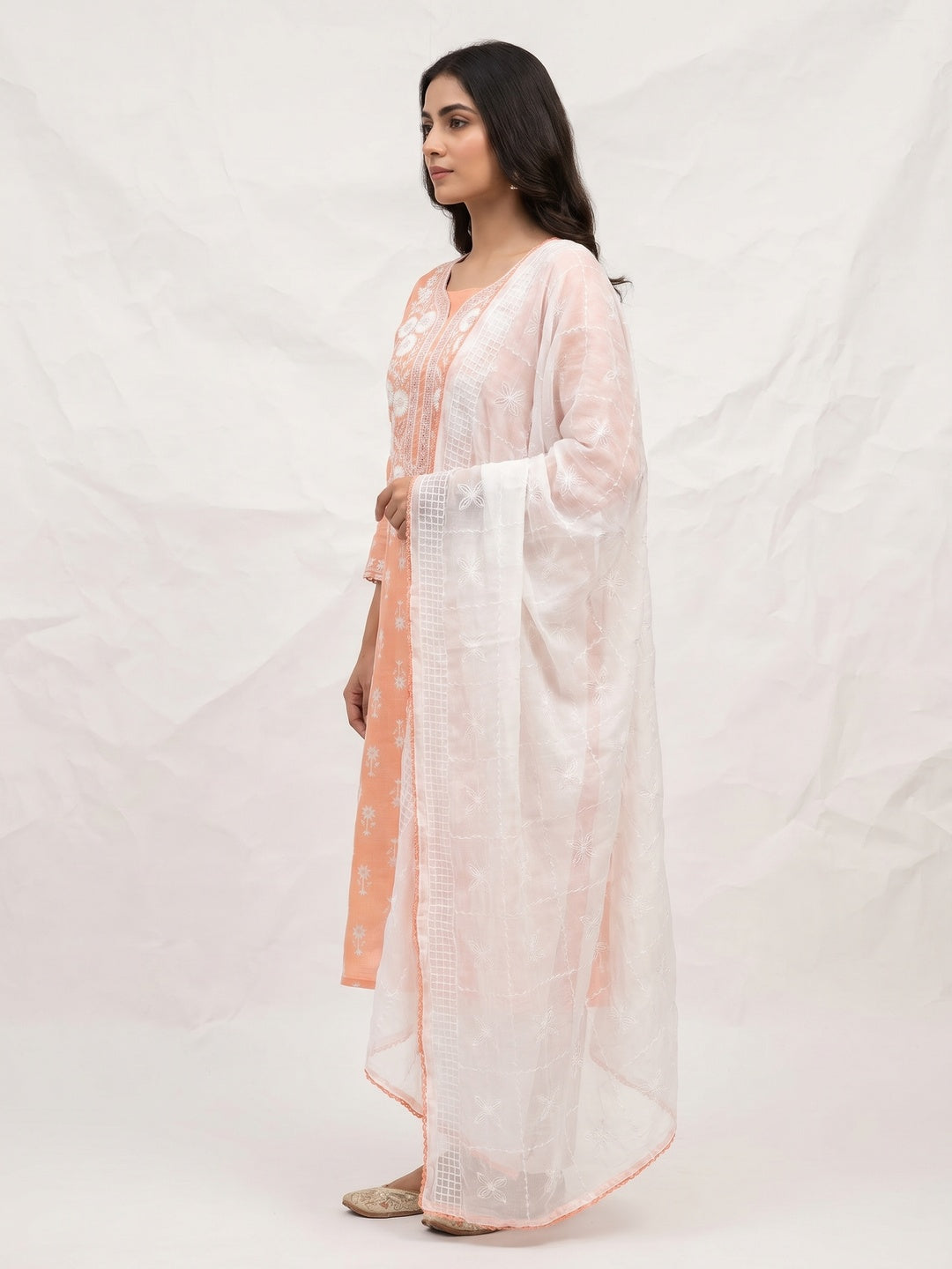 Peach Casual Wear Floral Embroidered With Print Cotton Dress Material - Image 2