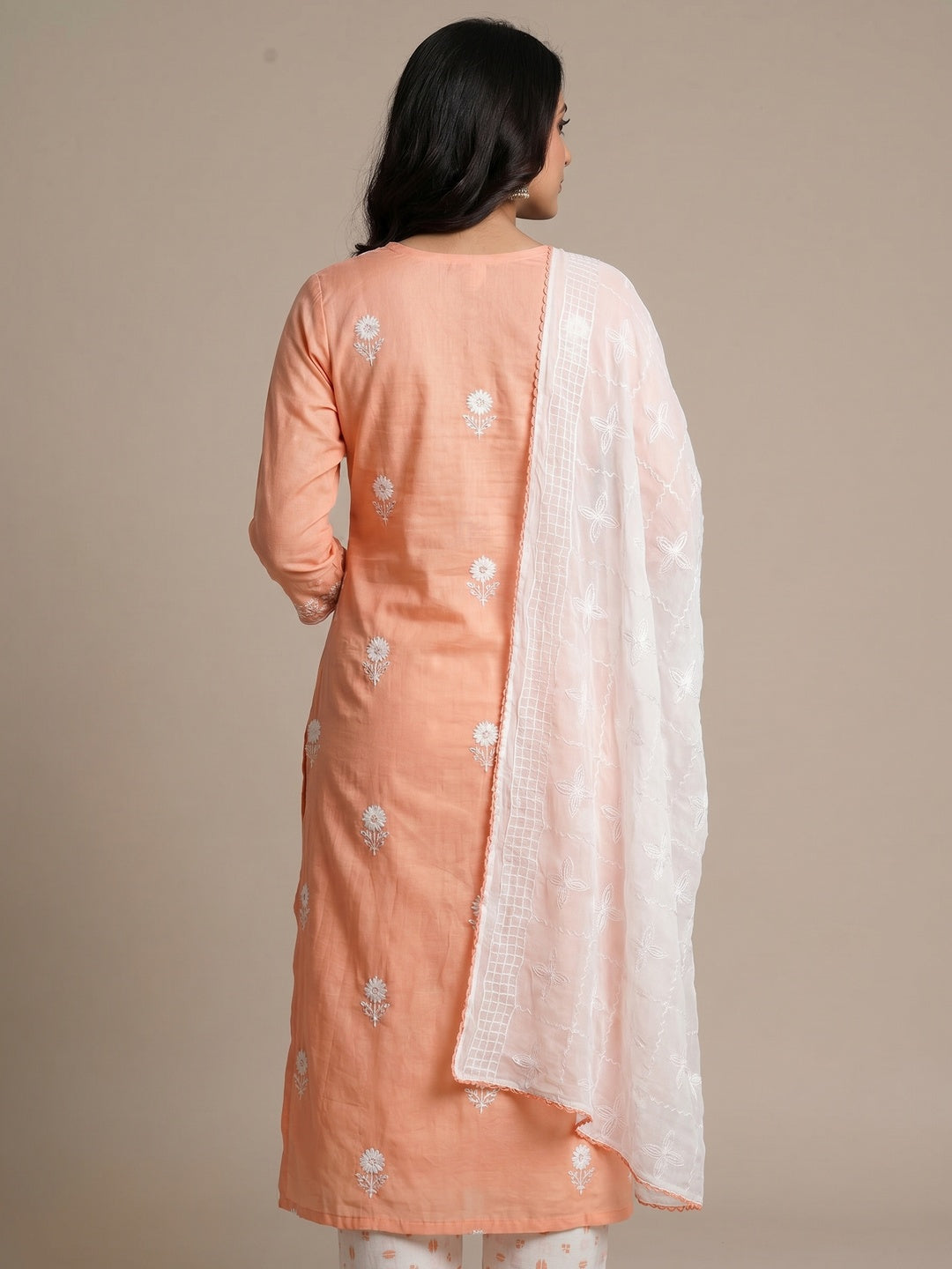 Peach Casual Wear Floral Embroidered With Print Cotton Dress Material - Image 3