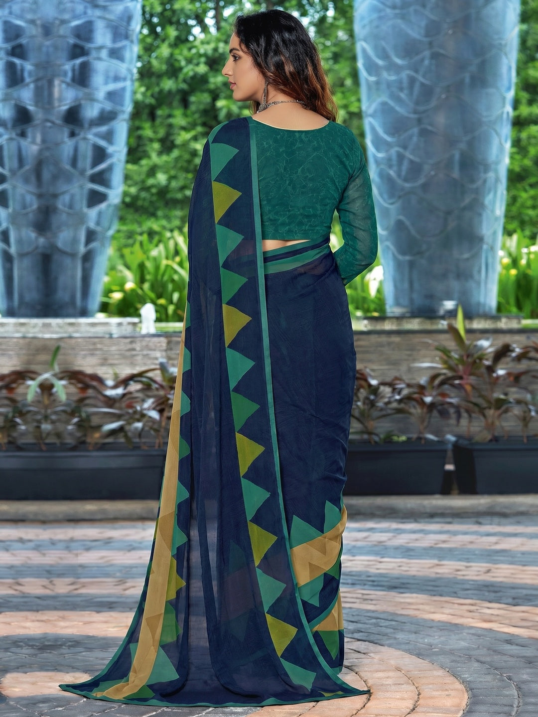 Navy Blue Casual Wear Geometric Printed Georgette Saree - Image 1