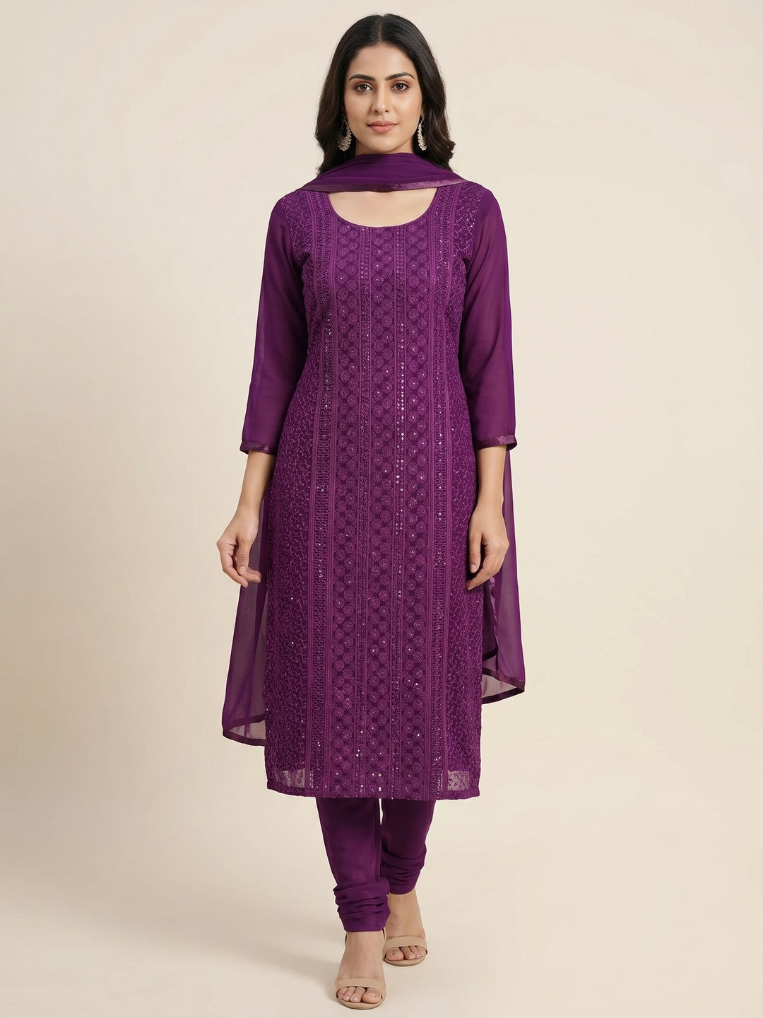 Purple Casual Wear Sequins Embroidered Georgette Dress Material - Image 1
