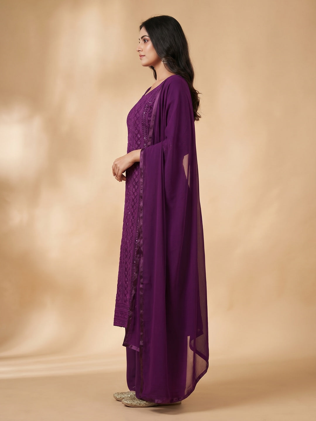 Purple Casual Wear Sequins Embroidered Georgette Dress Material - Image 2