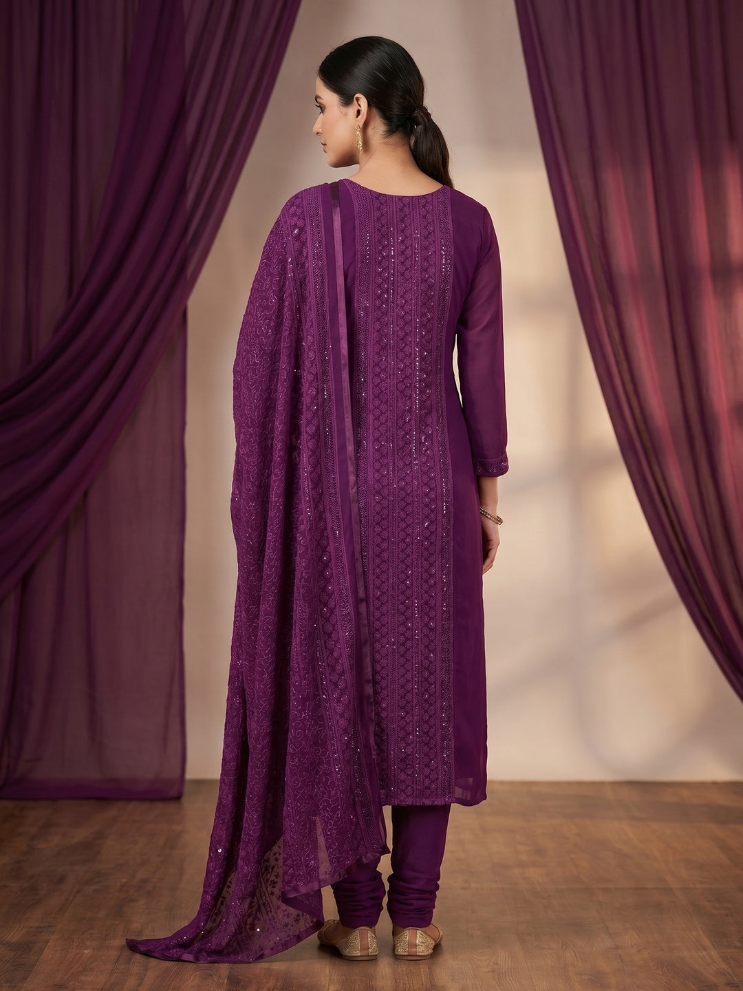 Purple Casual Wear Sequins Embroidered Georgette Dress Material - Image 3
