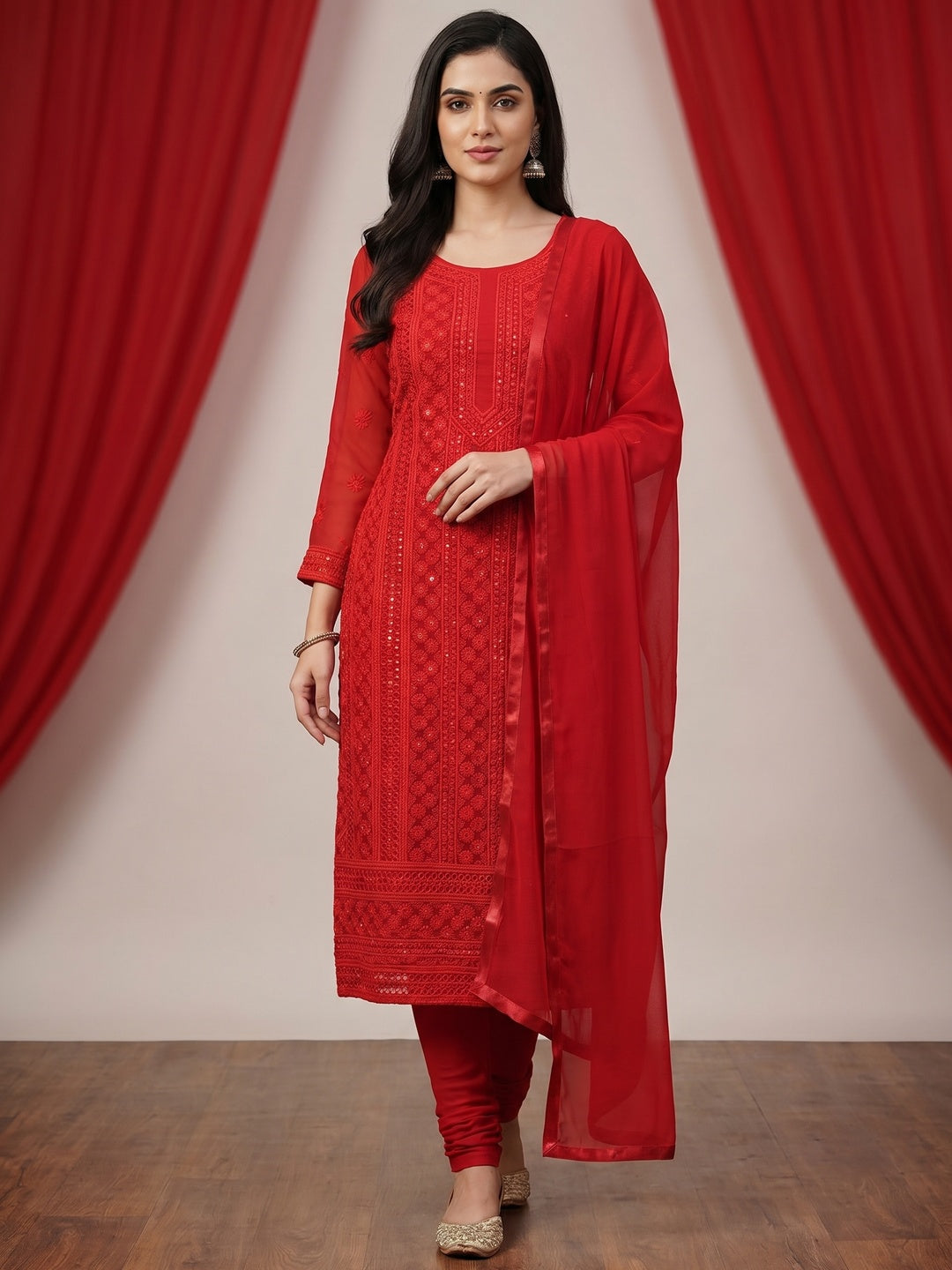 Red Casual Wear Sequins Embroidered Georgette Dress Material - Image 1