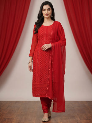 Red Casual Wear Sequins Embroidered Georgette Dress Material - Image 1