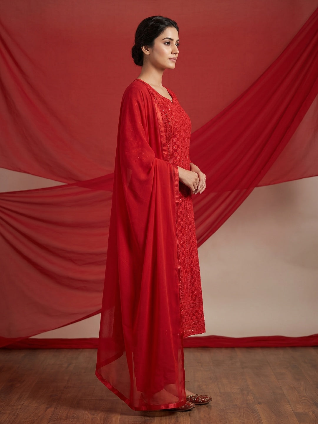 Red Casual Wear Sequins Embroidered Georgette Dress Material - Image 2