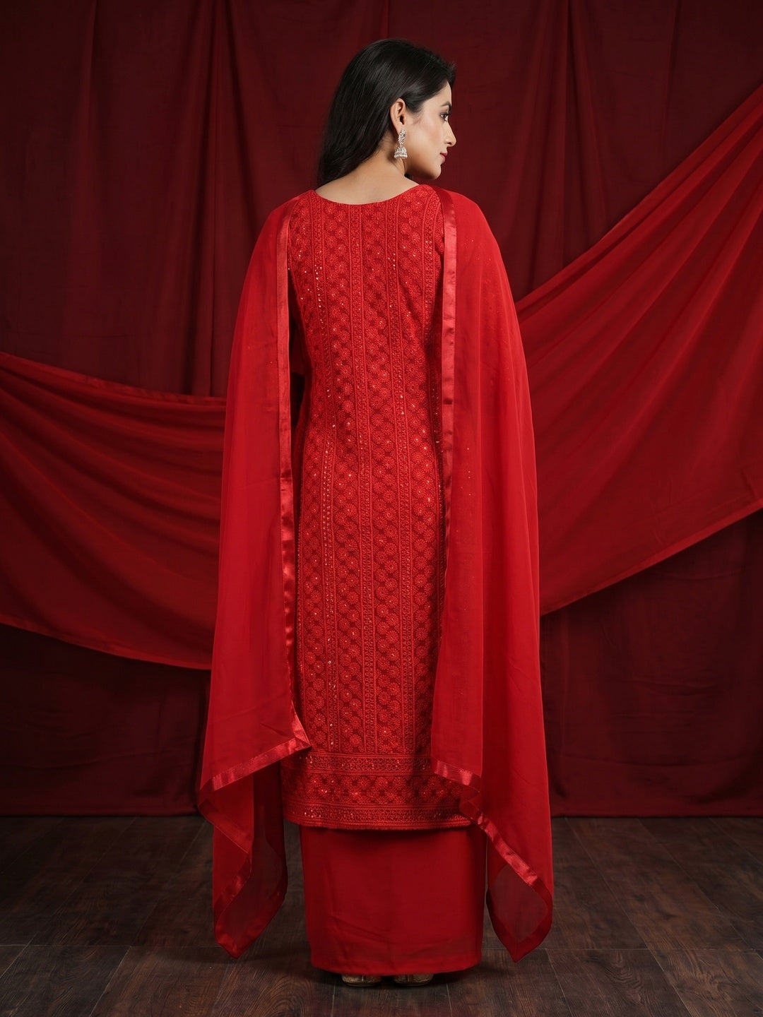 Red Casual Wear Sequins Embroidered Georgette Dress Material - Image 3