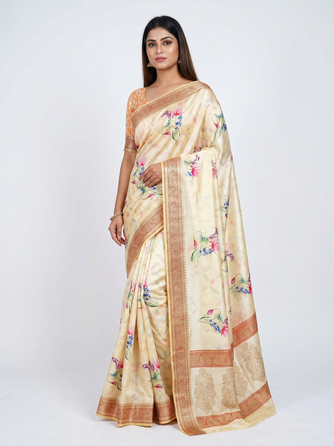Cream Festive Wear Digital Printed Soft Silk Saree With Jacquard Border - Image 1