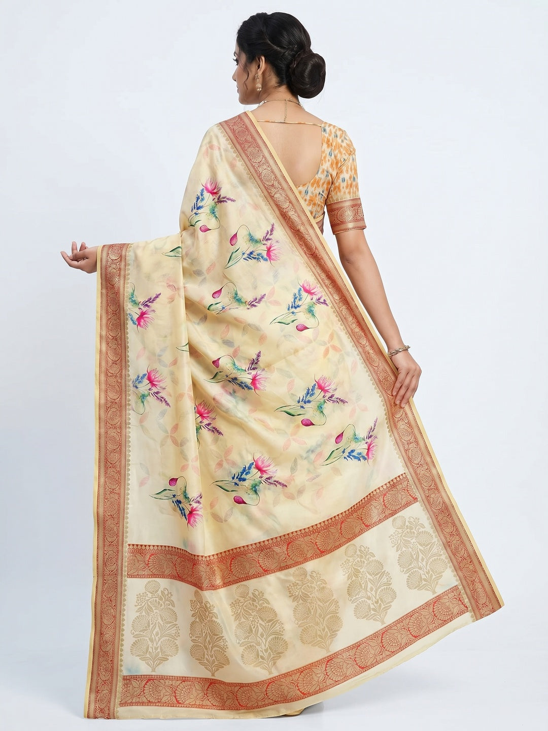 Cream Festive Wear Digital Printed Soft Silk Saree With Jacquard Border - Image 2