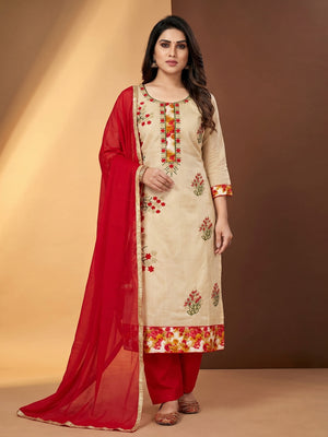 Beige Festive Wear Floral Embroidered Modal Dress Material - Image 1