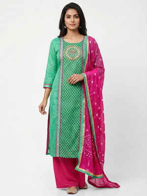 Green Festive Wear Printed With Handwork Modal Dress Material - Image 1
