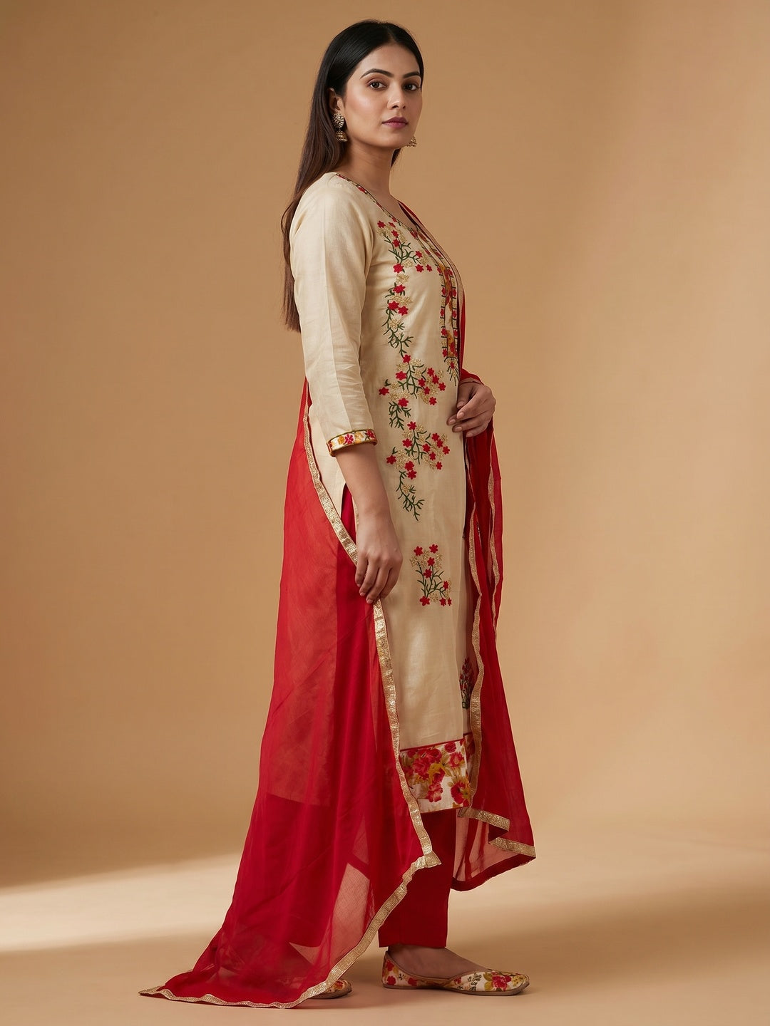Beige Festive Wear Floral Embroidered Modal Dress Material - Image 2