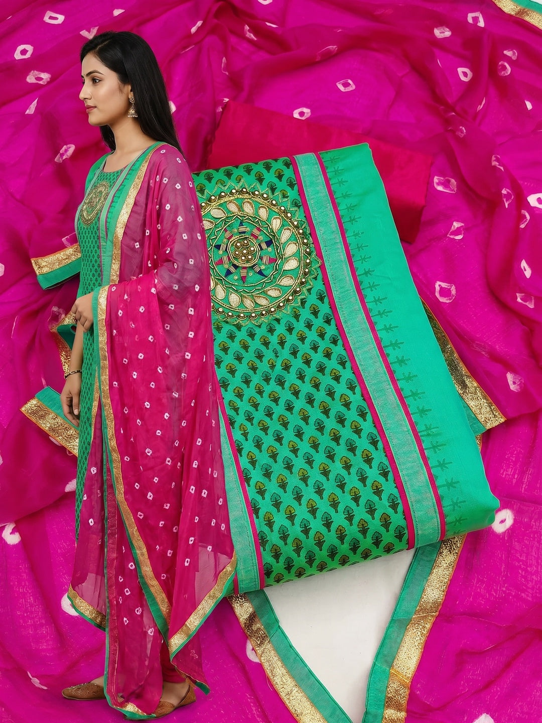 Green Festive Wear Printed With Handwork Modal Dress Material - Image 3