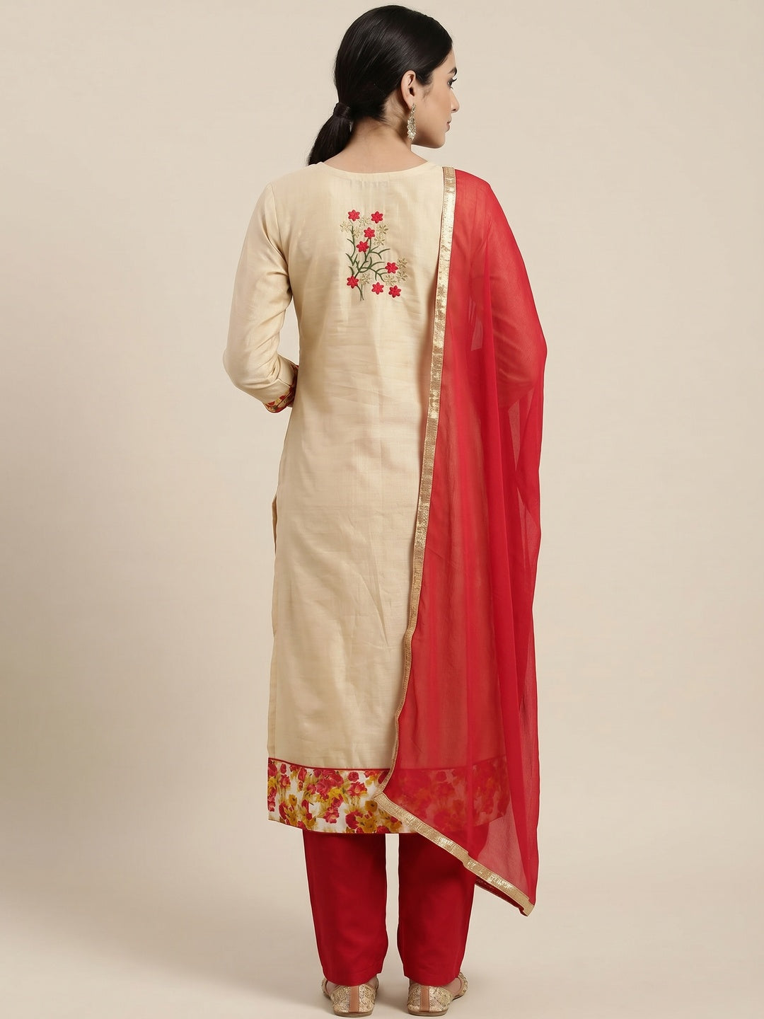 Beige Festive Wear Floral Embroidered Modal Dress Material - Image 3
