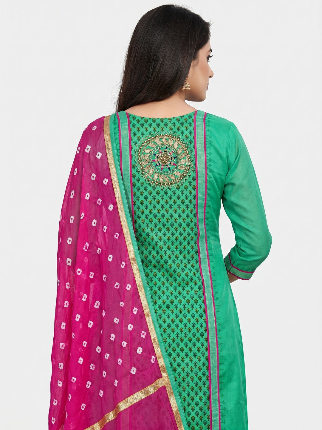 Green Festive Wear Printed With Handwork Modal Dress Material - Image 2