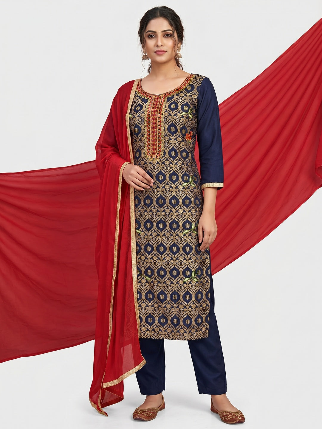 Dark Navy Blue Festive Wear Floral Embroidered Cotton Dress Material - Image 1