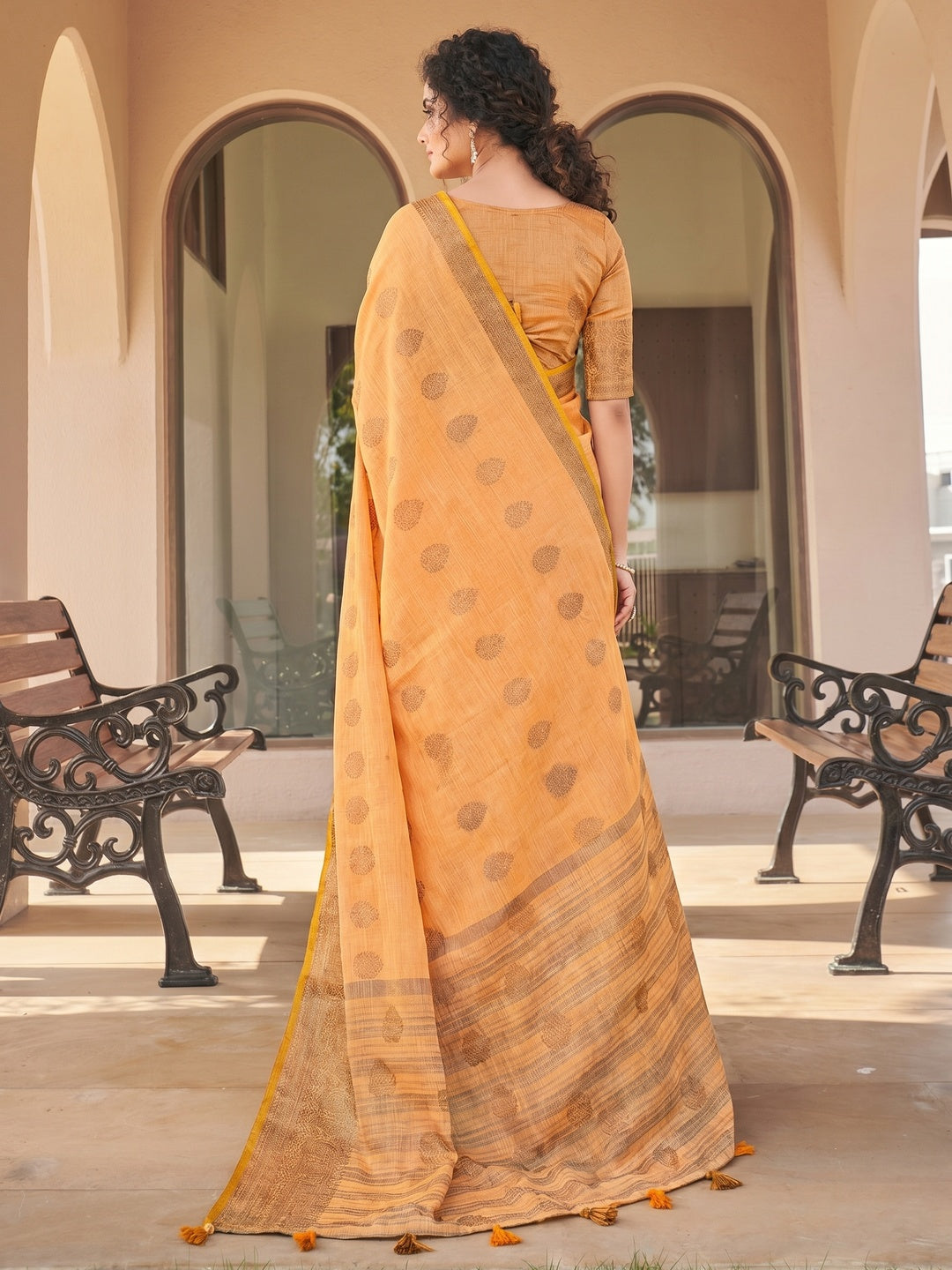 Light Orange Festive Wear Embroidered Cotton Saree - Image 1