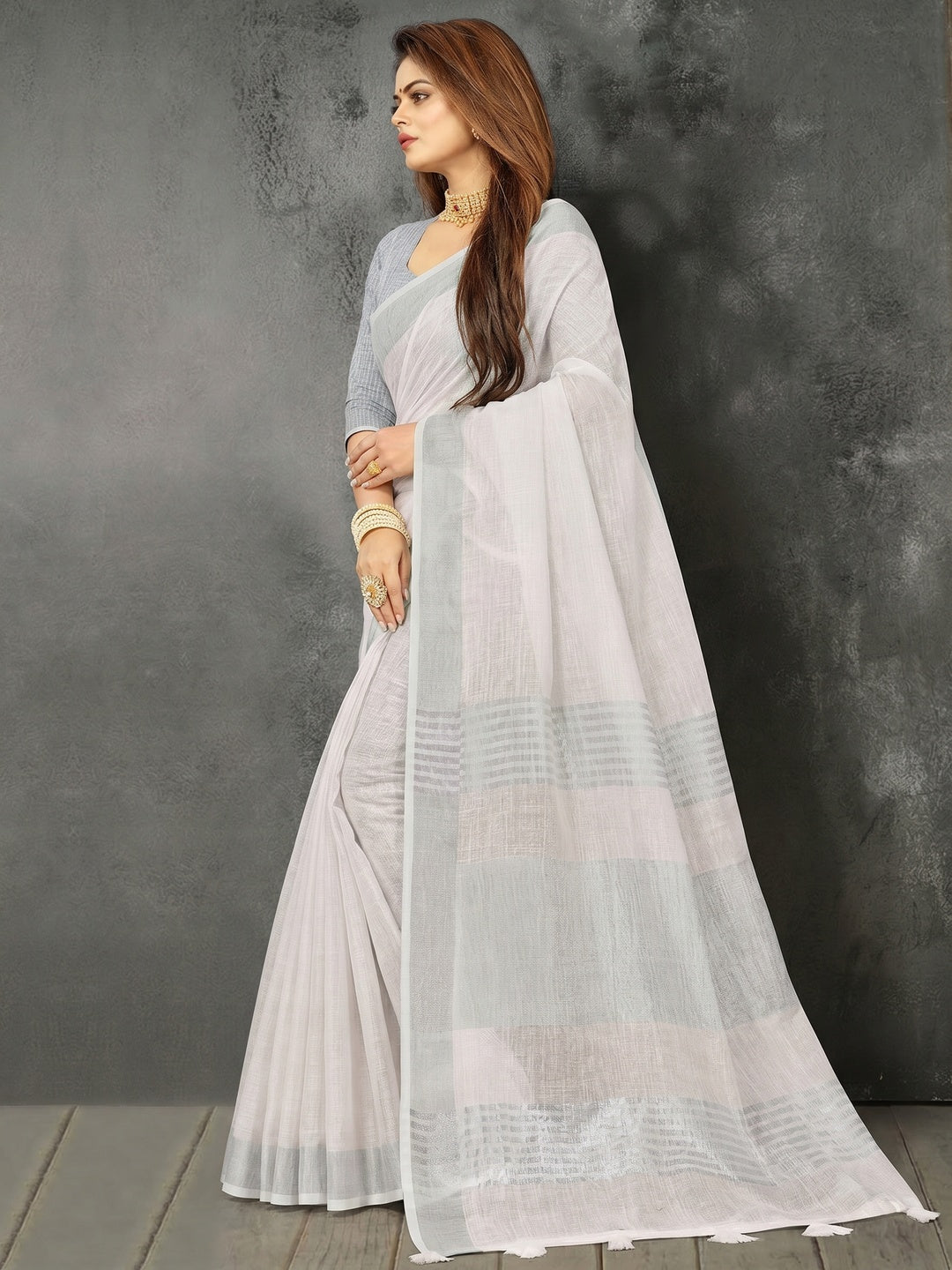 White Festive Wear Solid Linen Saree - Image 1