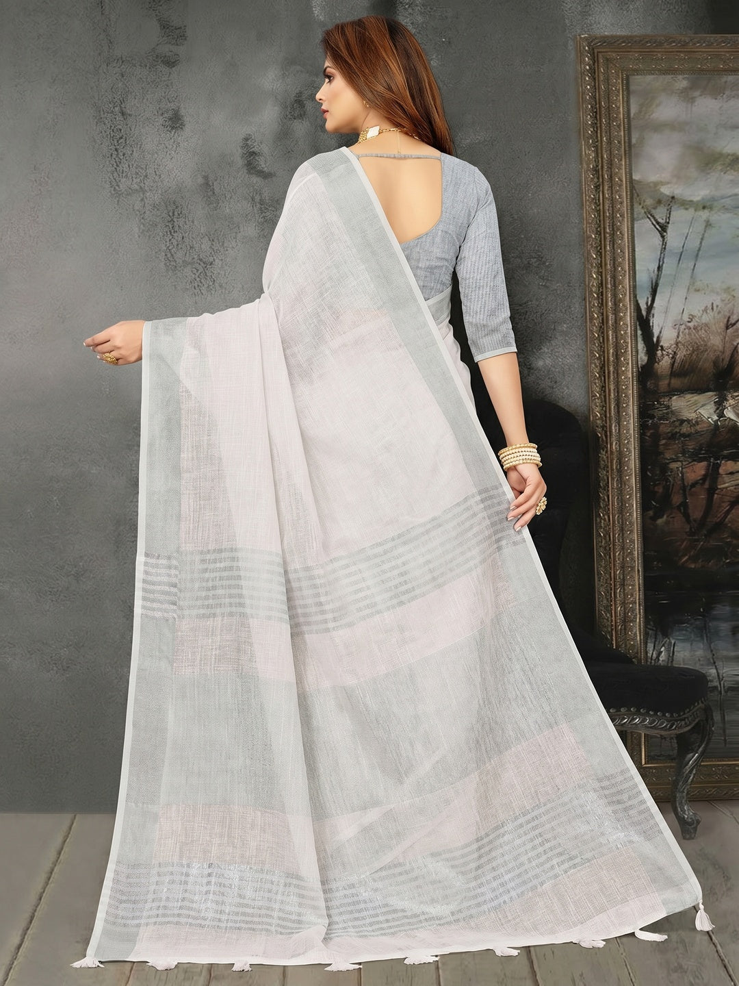White Festive Wear Solid Linen Saree - Image 2