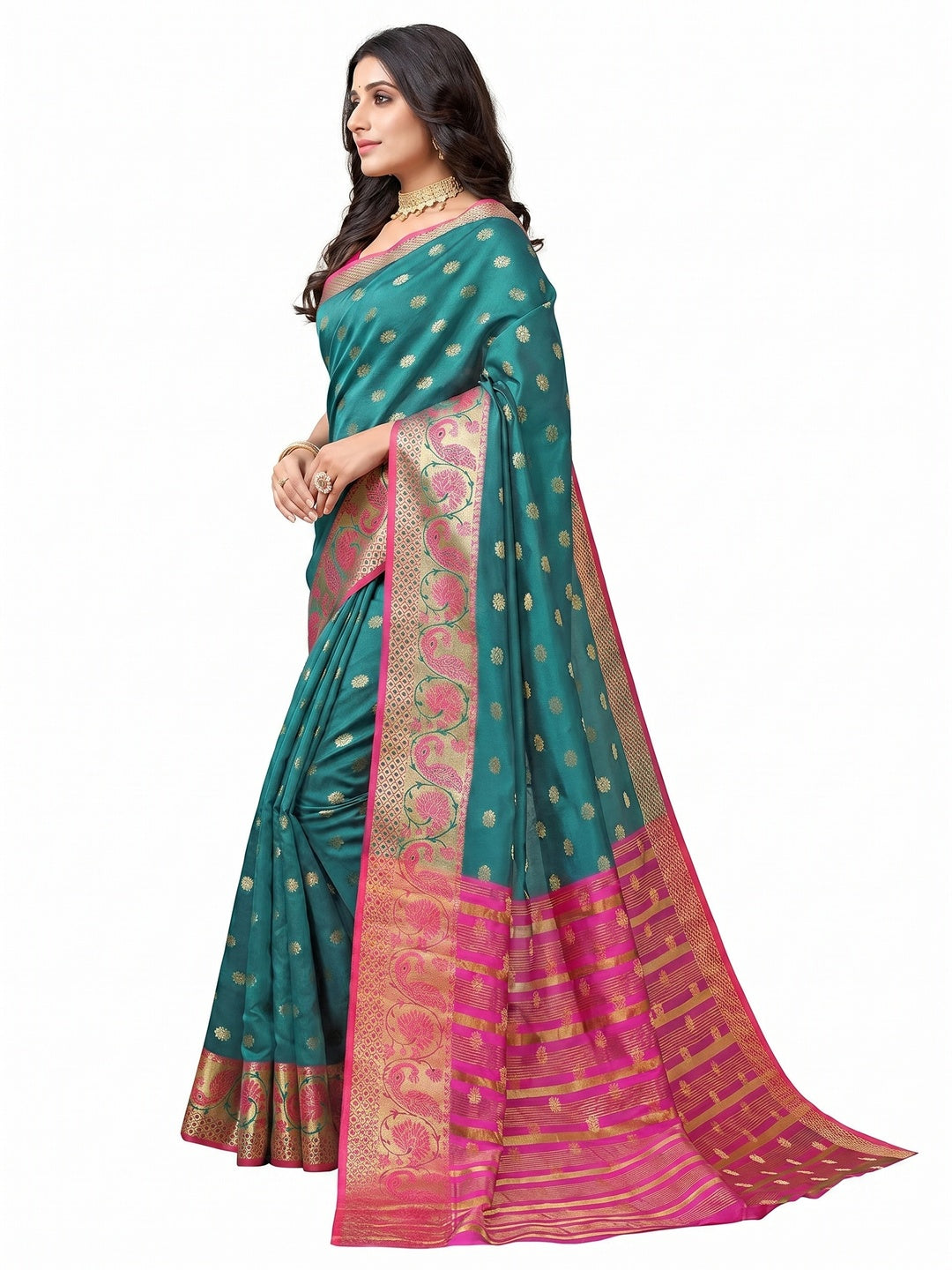 Rama Green Festive Wear Woven Soft Silk Saree With Jacquard Border - Image 1