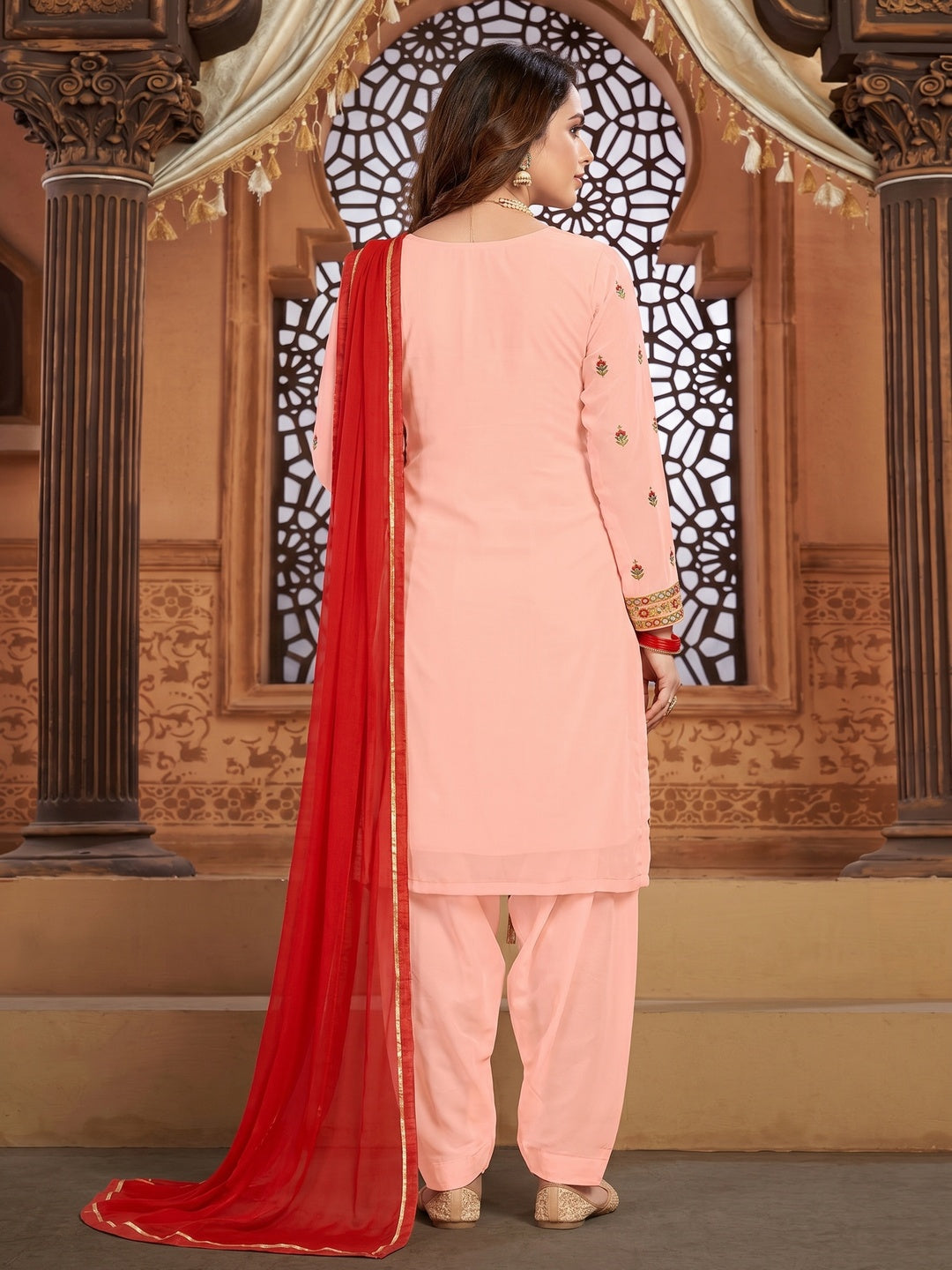 Peach Partywear Embroidered Faux Georgette Patiala Suit - Image 1