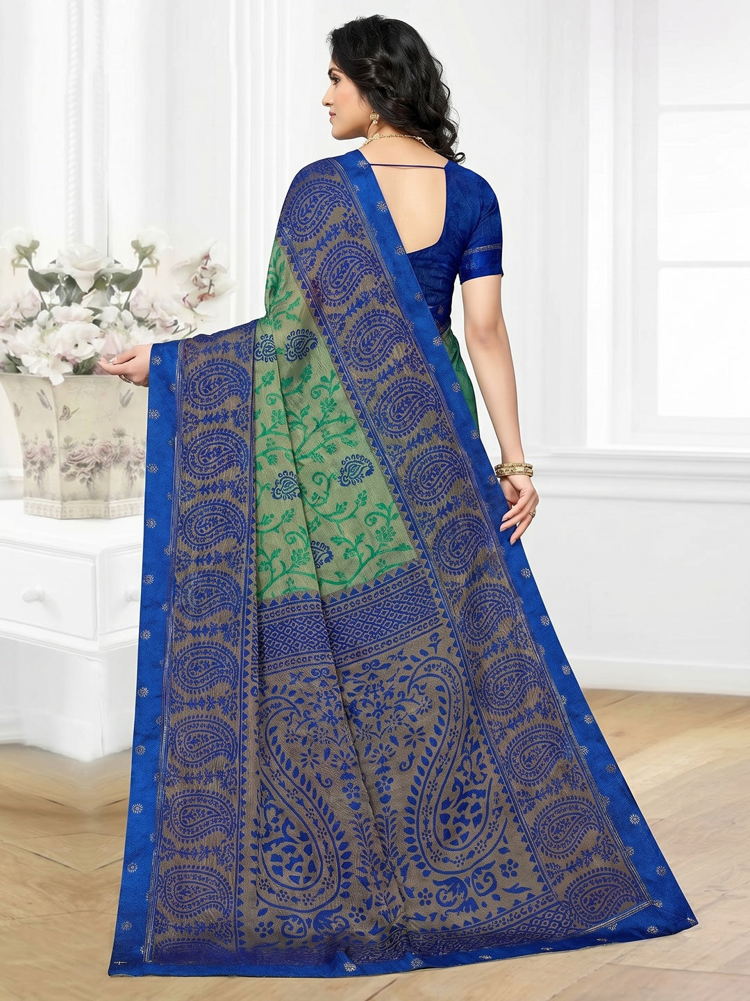 Green Casual Wear Printed Brasso Chiffon Saree - Image 1