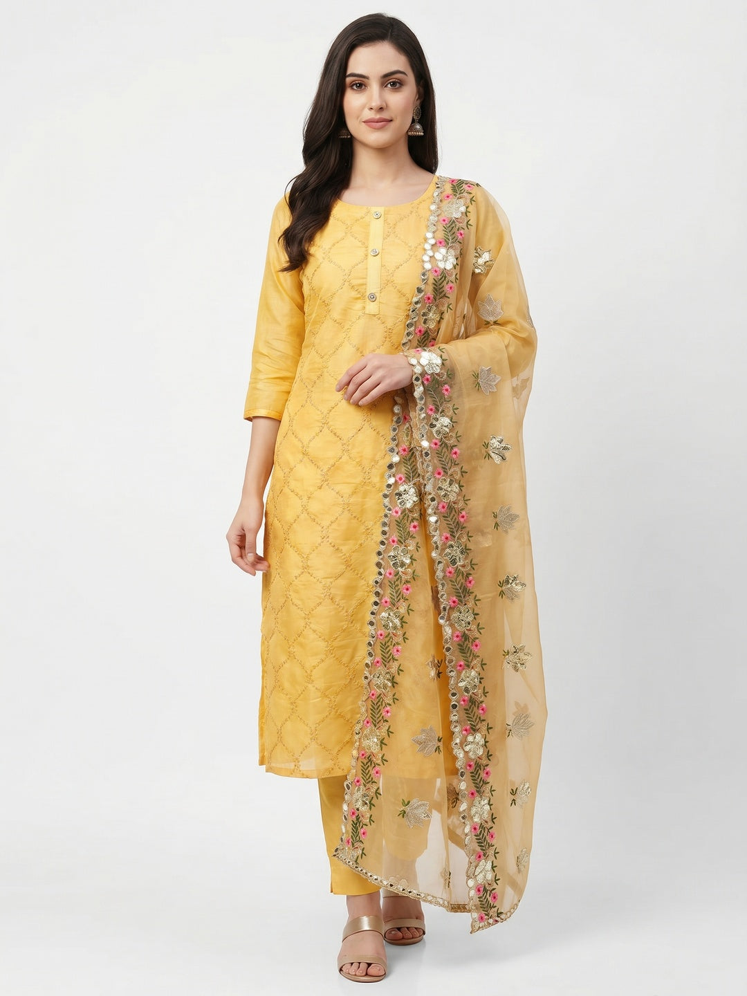 Yellow Festive Wear Embroidered Chanderi Dress Material - Image 1